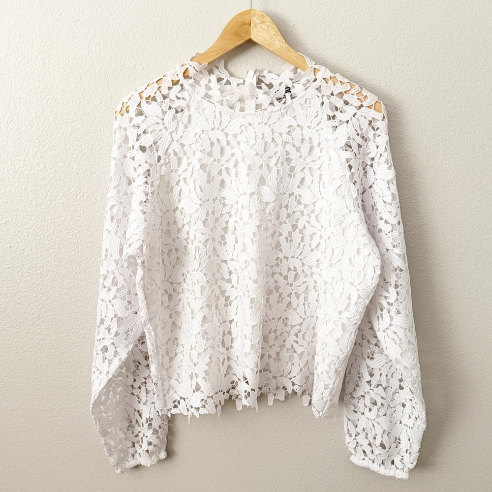 Robert Rodriguez White Floral Guipure Lace Mock Neck Blouse Top Large - Picture 2 of 6